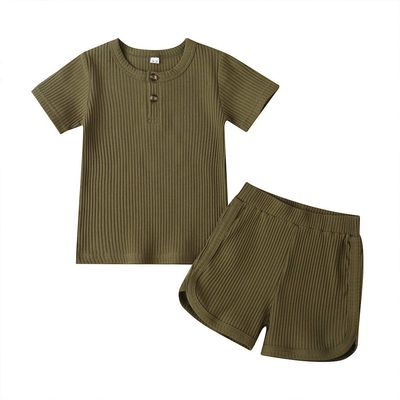Infant Toddler Baby Girls Boys Ribbed Outfit Knitted Short Sleeve T-Shirt Tops and Shorts Set 2Pcs Summer Clothes (B-Army Green,4-5 T)