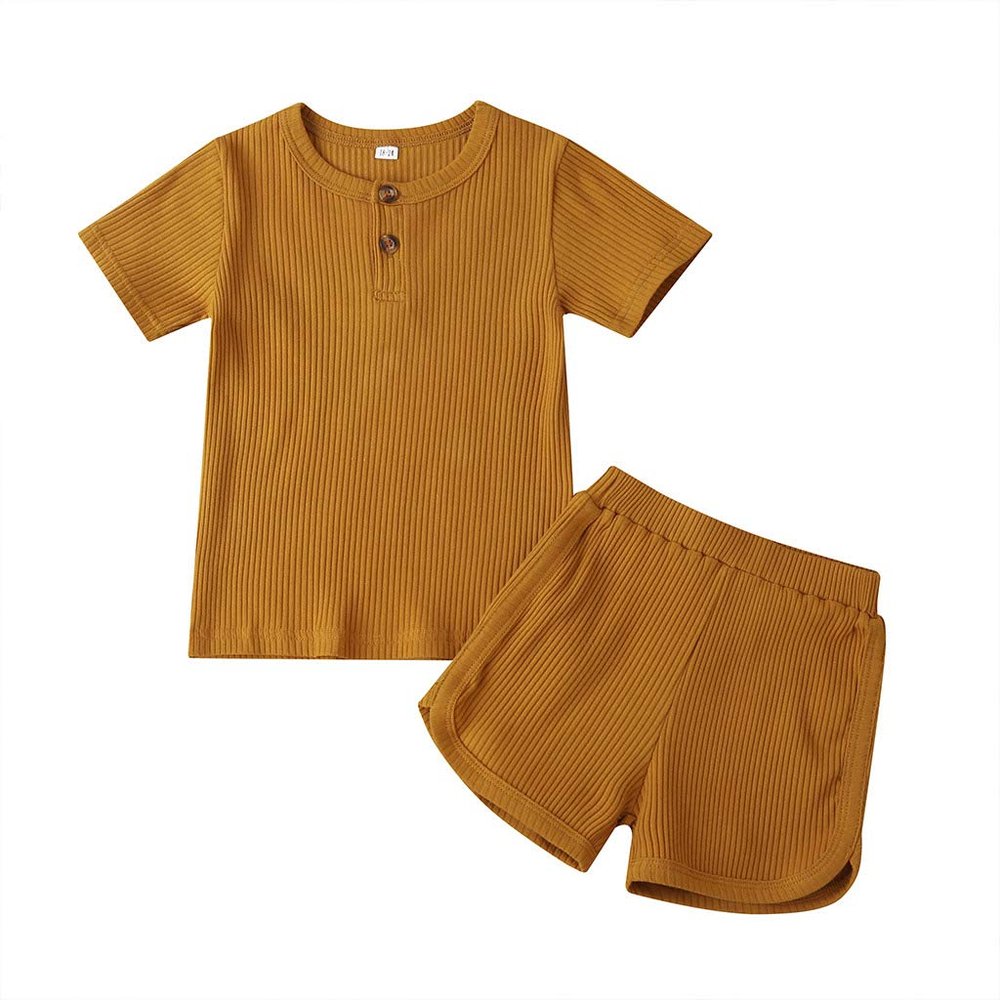 Infant Toddler Baby Girls Boys Ribbed Outfit Knitted Short Sleeve T-Shirt Tops and Shorts Set 2Pcs Summer Clothes (B-Mustard Yellow,4-5 T)