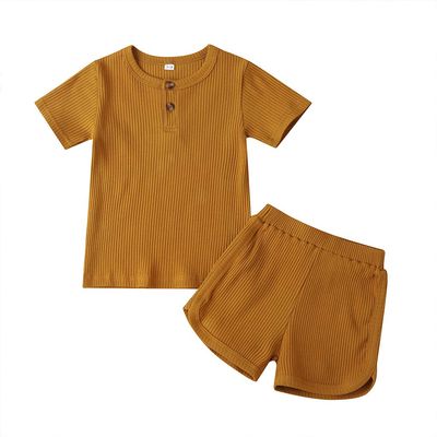 Infant Toddler Baby Girls Boys Ribbed Outfit Knitted Short Sleeve T-Shirt Tops and Shorts Set 2Pcs Summer Clothes (B-Mustard Yellow,18-24 Months)