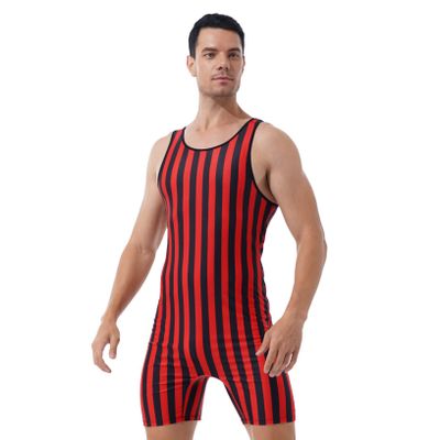 Oyolan Mens Striped Wrestling Singlet Bodysuit Stretchy Shorts Rompers Workout Fitness Athletic Jumpsuit Red&Black Medium