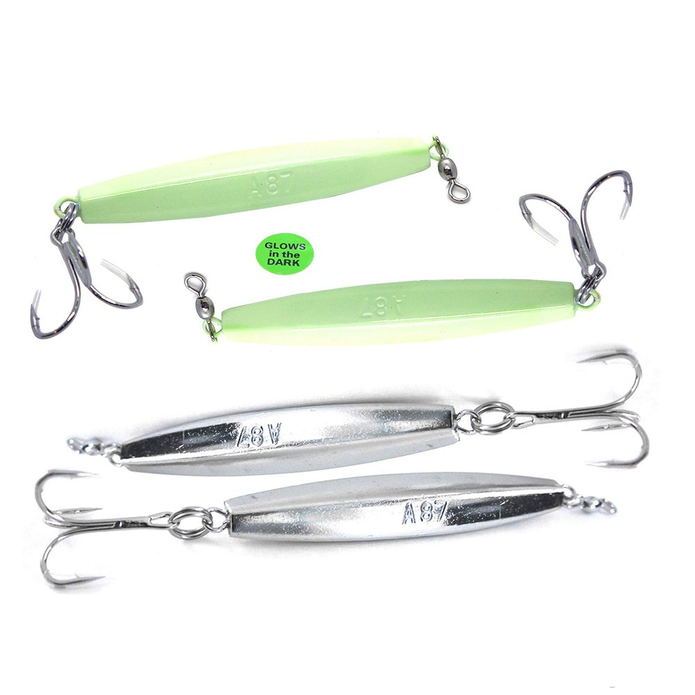 4pcs FIshWOW! 8oz Glow Diamond jigs + 8oz Silver Diamond Chrome jigs with Treble Hook Heavy Metal Vertical Jigging