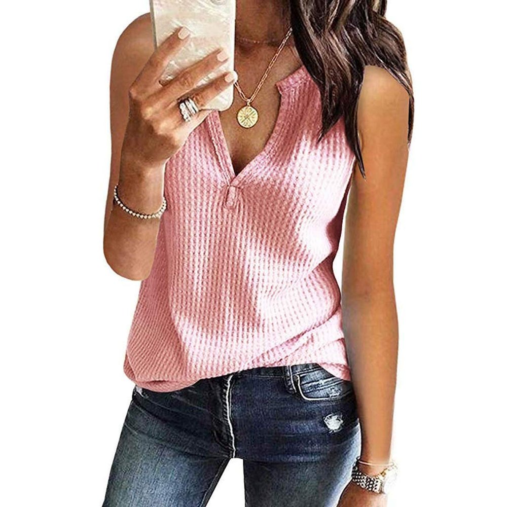 XUETON Womens Summer Sleeveless Vest Tops Fashion Sexy V Neck Knitted Tanks Tops Blouse Pink