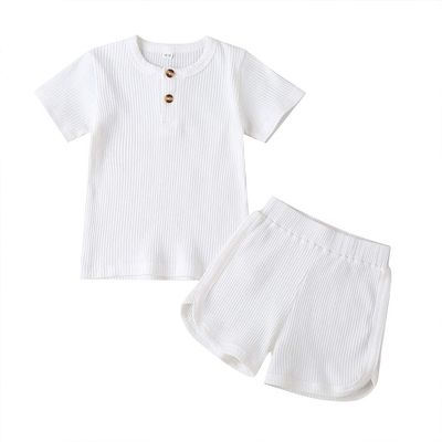 Infant Toddler Baby Girls Boys Ribbed Outfit Knitted Short Sleeve T-Shirt Tops and Shorts Set 2Pcs Summer Clothes (B-White,4-5 T)
