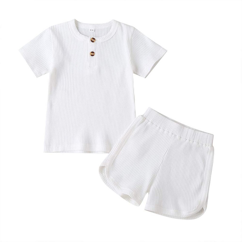 Infant Toddler Baby Girls Boys Ribbed Outfit Knitted Short Sleeve T-Shirt Tops and Shorts Set 2Pcs Summer Clothes (B-White,4-5 T)
