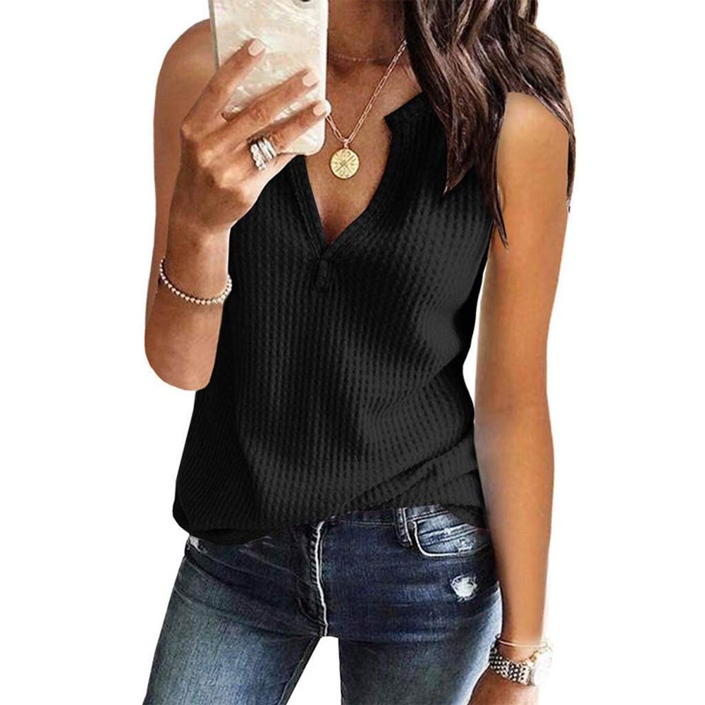 XUETON Womens Summer Sleeveless Vest Tops Fashion Sexy V Neck Knitted Tanks Tops Blouse Black