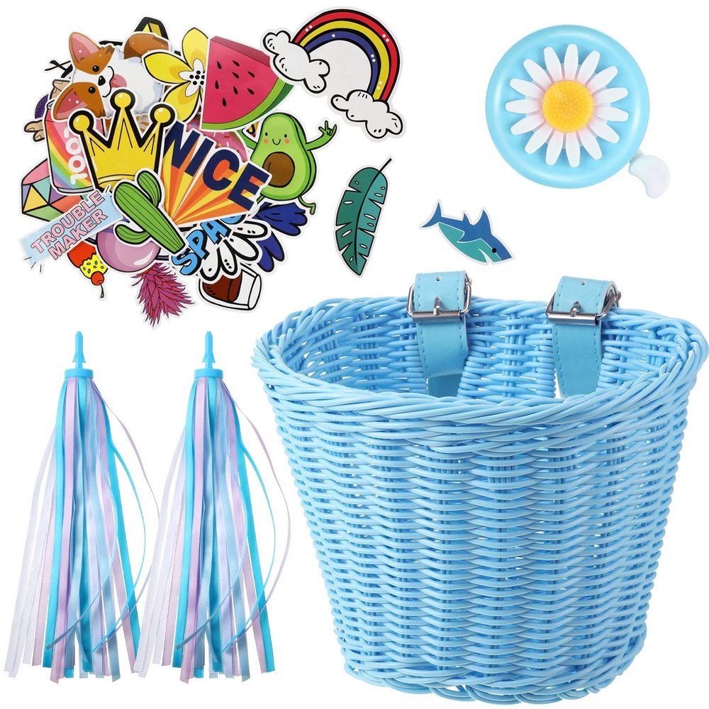 Boao Kid's Bicycle Basket Streamers Set, Unicorn Children's Bike Handlebar Wicker Basket Bike Streamers Bell and Stickers,Bike Basket Front Decoration for Girls (Blue)