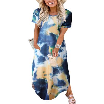 ANRABESS Womens Summer Maxi Dress Short Sleeve Casual Loose Long T Shirt Dresses Split Vacation Beach Sundress Travel Outfits Tie Dye Small