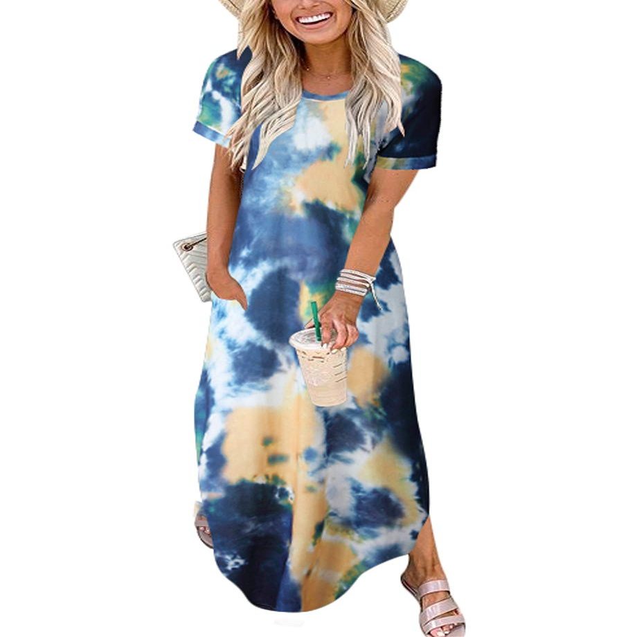 ANRABESS Womens Summer Maxi Dress Short Sleeve Casual Loose Long T Shirt Dresses Split Vacation Beach Sundress Travel Outfits Tie Dye Small