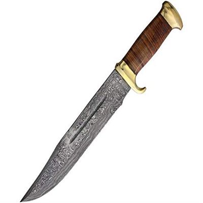 Marbles MR586 Damascus Bowie Stacked Leather Fixed Blade Knife
