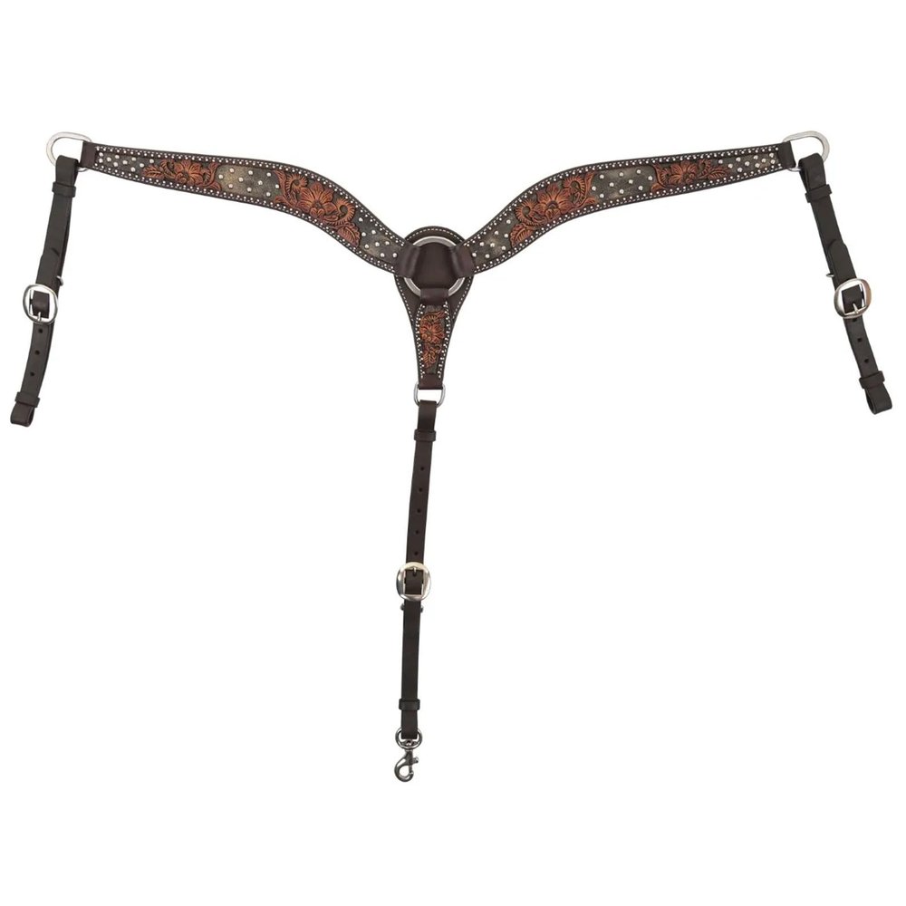 CIRCLE Y Dark Flash Arizona Flower Durable Distressed Leather Western Horse Size Contour Tapered Breast Collar with Silver Spot Accents