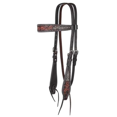 Circle Y Dark Flash Arizona Flower Durable Distressed Leather Western Horse Size Browband Headstall with Standard Cheeks & Tie Ends | 36" - 43" Headstall Working Length
