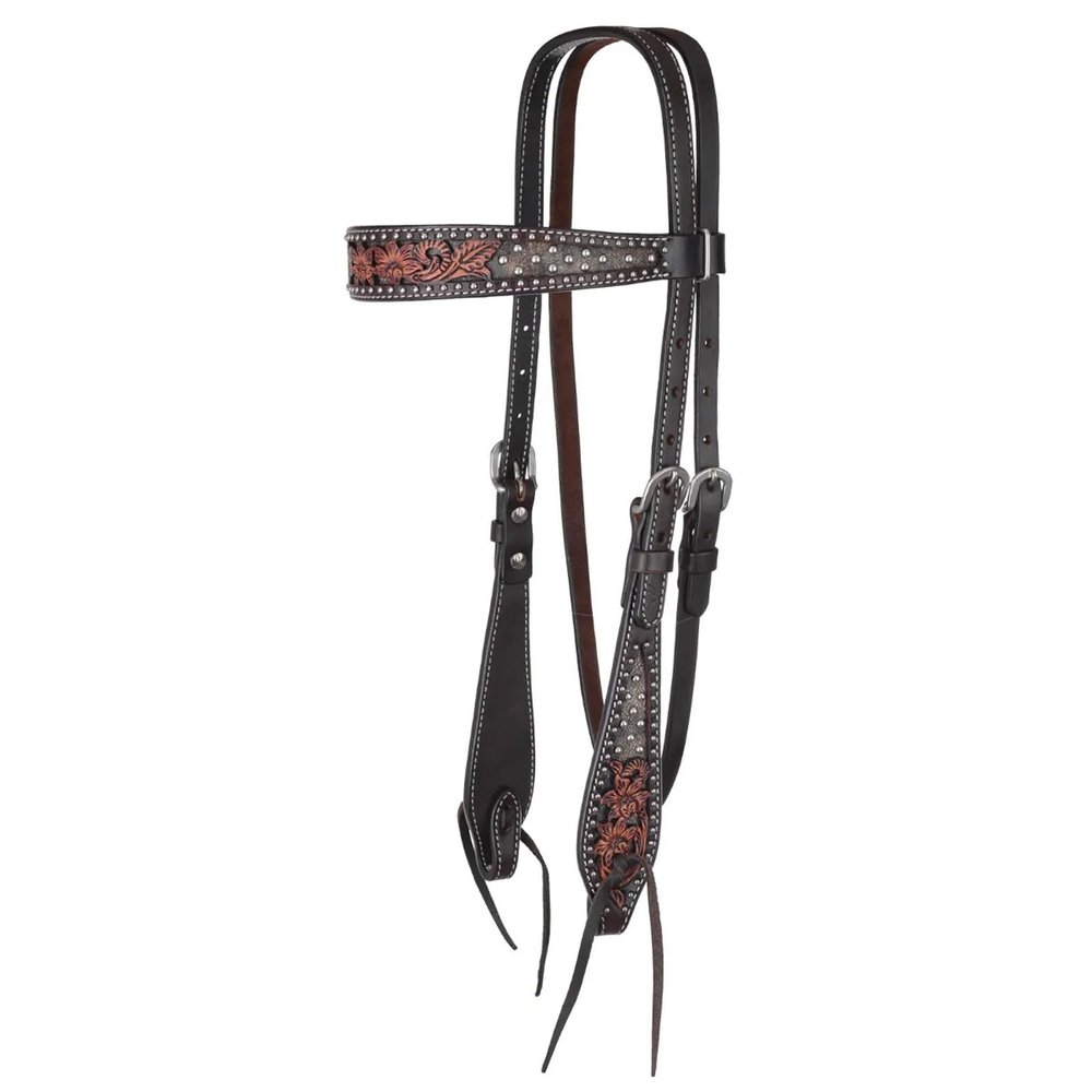 Circle Y Dark Flash Arizona Flower Durable Distressed Leather Western Horse Size Browband Headstall with Standard Cheeks & Tie Ends | 36" - 43" Headstall Working Length