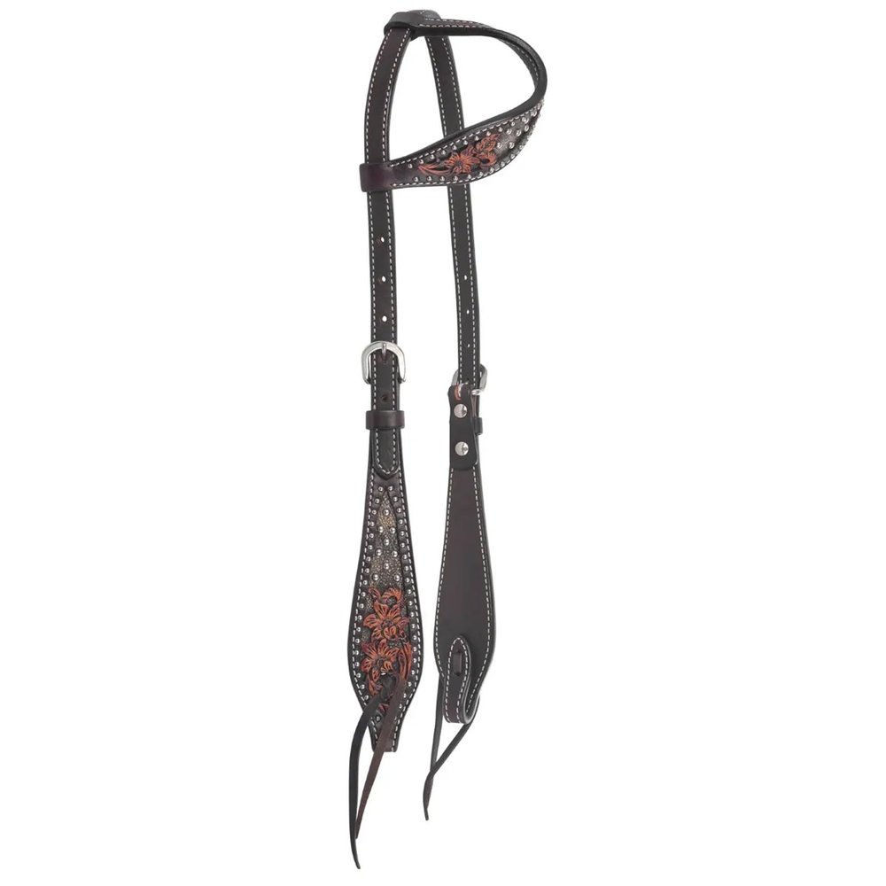 Circle Y Dark Flash Arizona Flower Durable Distressed Leather Western Horse Size One Ear Headstall with Standard Cheeks & Tie Ends | 36" - 43" Headstall Working Length
