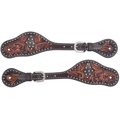 Circle Y Men's Dark Flash Arizona Flower Durable Distressed Leather Western Spur Straps with Silver Spot Borders - Pair | Equestrian Accessories