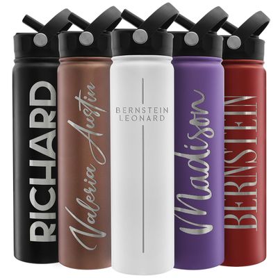 Amazing Items Personalized Water Bottle w/Straw & Lid, 24 oz - White | Custom Stainless Steel Sports Water Bottle w/Name and Text - Double-Wall, Vacuum Insulated - Rotating Handle