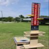 CornholeAce Elite Cornhole Scoreboard 5.5 Ft Tall Hardware Free Stand with Recording Shelf 2 Cup Holders Tablet Score Keeper Interchangeable UV Printed Top view 4
