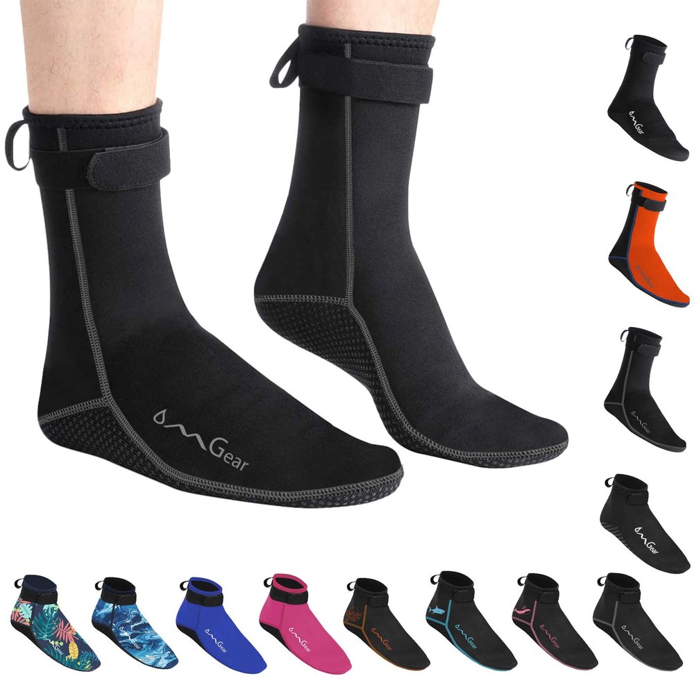 OMGear Water Socks Neoprene Socks Beach Booties Shoes 3mm Glued Blind Stitched Anti-Slip Wetsuit Boots Fin Swim Socks (3mm High Cut/Grey, S(Men 6-7,Women 6-8))