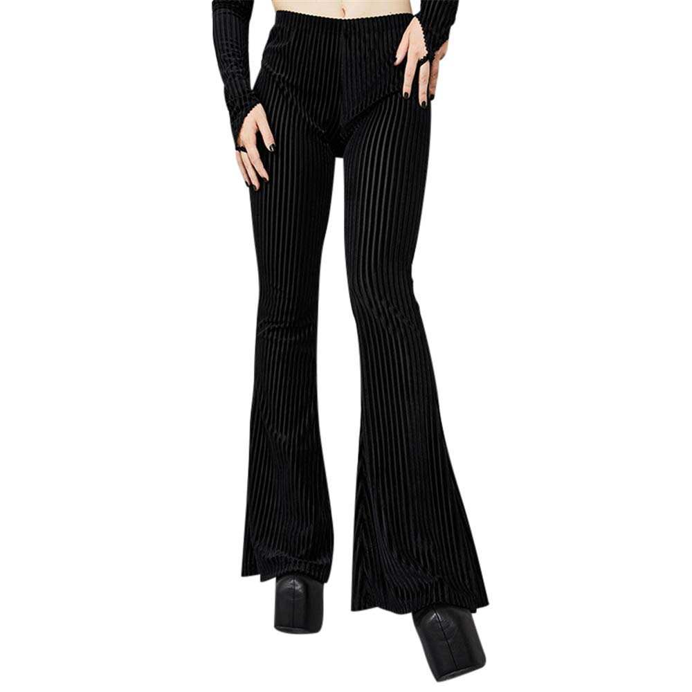Vintage Floral Scratched Gothic Pants Velvet High Waist Skinny Flare Trousers for Women Autumn Winter Streetwear (Black 02, L)