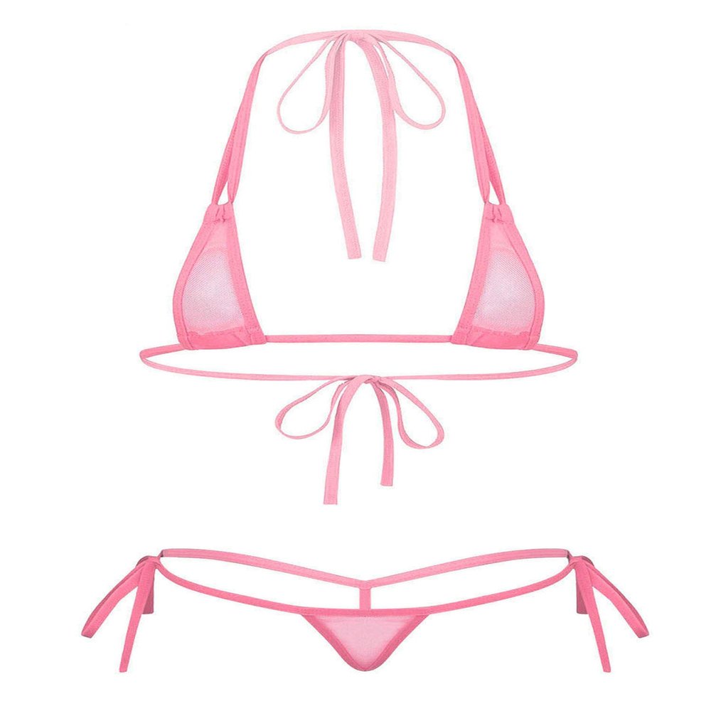 dPois Women's Micro Bra Top and Panty Bikini Sets Sheer Mesh Swimsuit Bathing Suit Pink OneSize