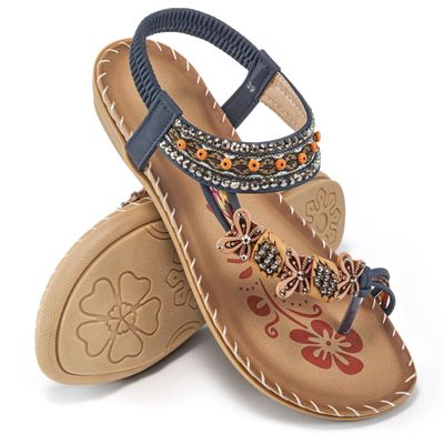 Ablanczoom Womens Sandals Flats Shoes: Comfortable Bohemian Beaded Dressy Summer Flat Casual Ankle Strap Elastic Slip on Beach Sandal