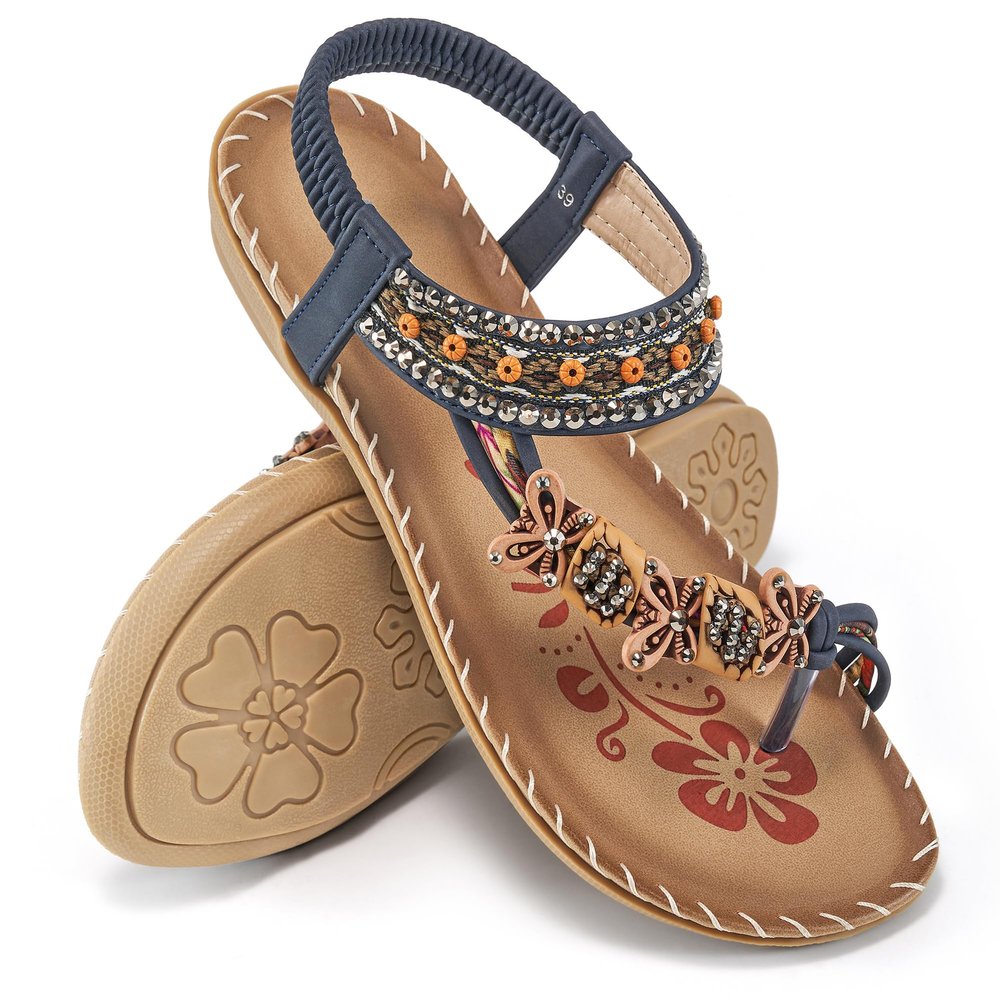 Ablanczoom Womens Sandals Flats Shoes: Comfortable Bohemian Beaded Dressy Summer Flat Casual Ankle Strap Elastic Slip on Beach Sandal