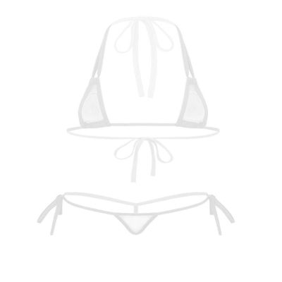 dPois Women's Micro Bra Top and Panty Bikini Sets Sheer Mesh Swimsuit Bathing Suit White OneSize