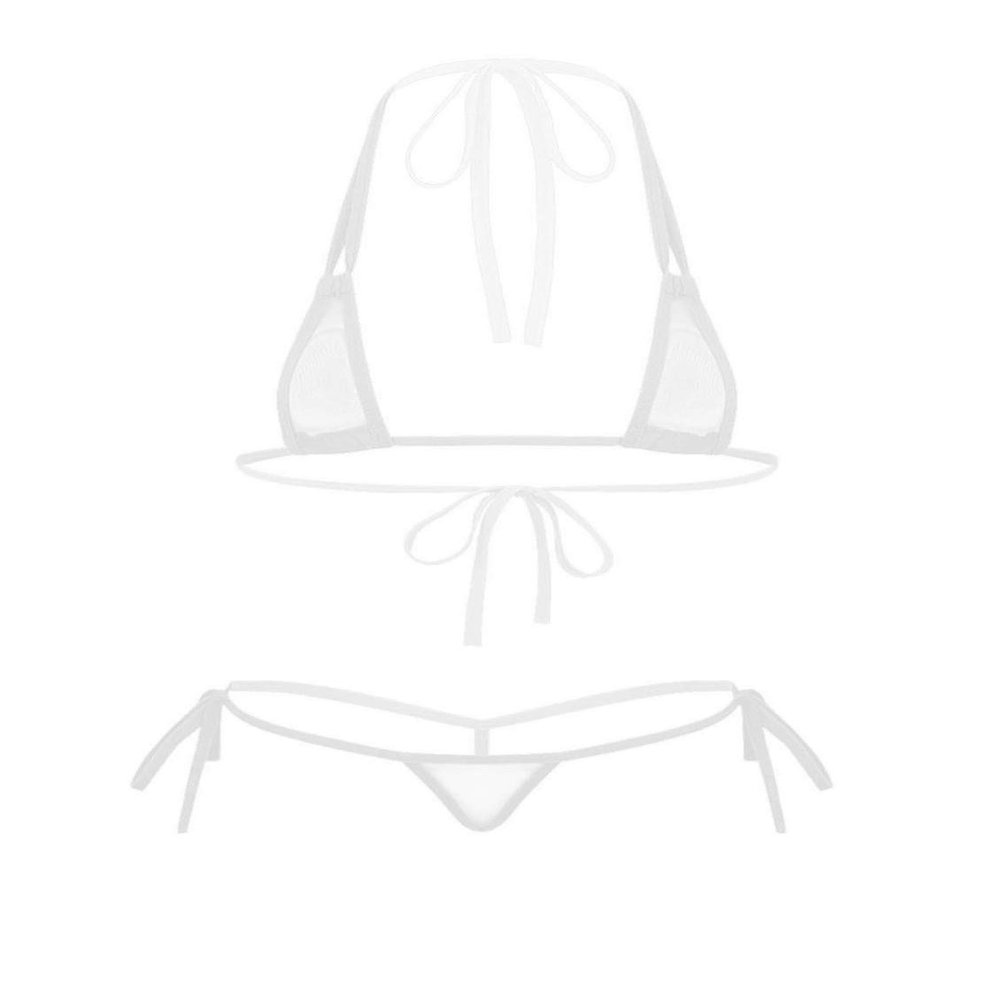 dPois Women's Micro Bra Top and Panty Bikini Sets Sheer Mesh Swimsuit Bathing Suit White OneSize