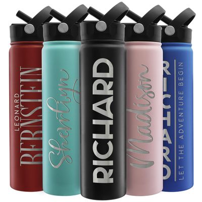 Amazing Items Personalized Water Bottle w/Straw & Lid, 24 oz - Black | Custom Stainless Steel Sports Water Bottle w/Name and Text - Double Wall, Vacuum Insulated - Rotating Handle