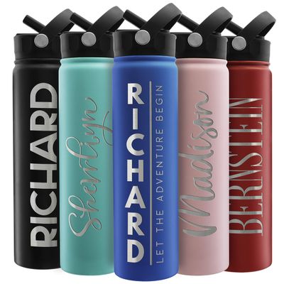Amazing Items Personalized Water Bottle w/Straw & Lid, 24 oz - Navy Blue | Custom Stainless Steel Sports Water Bottle w/Name and Text - Double-Wall, Vacuum Insulated - Rotating Handle