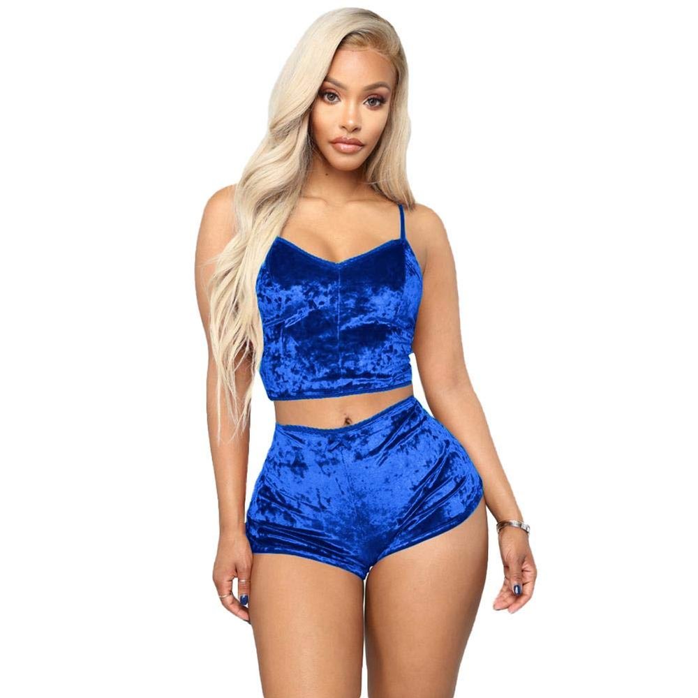 FYMNSI Women Velvet Outfit Adjustable Spaghetti Strap Crop Top Camisole Shorts Pajamas Set Sexy 2 Pieces Sleeveless Lingerie Party Pjs Sleepwear Bodycon Nightwear Lounge Wear Bright Blue XX-Large