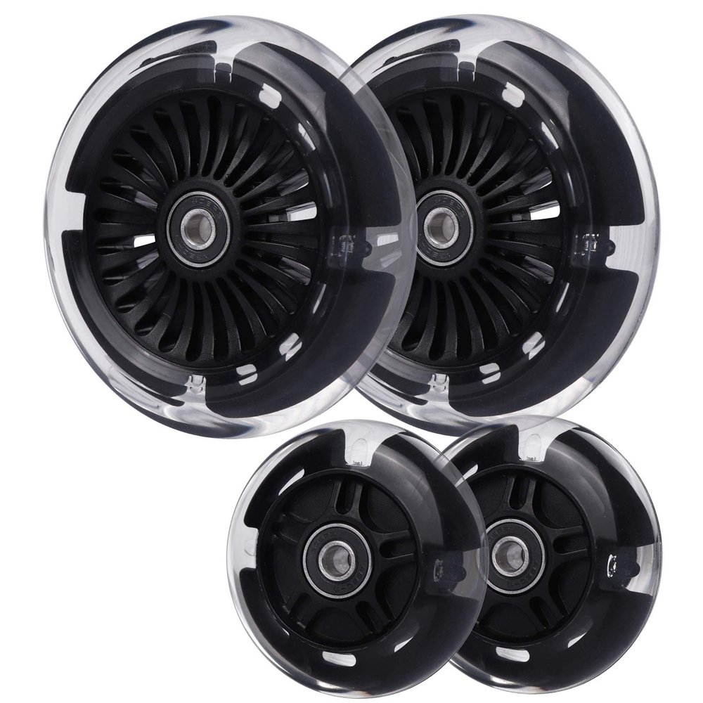Wheelgoo 120mm 80mm Led Light Up Scooter Replacement Wheels - White Flashing- Compatible with Micro Mini, Maxi Deluxe, Globber 3-Wheeled Kid Kick Scooter, Set of 4 (Black)