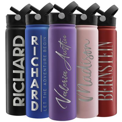 Amazing Items Personalized Water Bottle w/Straw & Lid, 24 oz - Purple | Custom Stainless Steel Sports Water Bottle w/Name and Text - Double-Wall, Vacuum Insulated - Rotating Handle