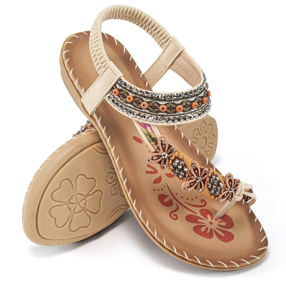 Ablanczoom Womens Sandals Flats Shoes: Comfortable Bohemian Beaded Dressy Summer Flat Casual Ankle Strap Elastic Slip on Beach Sandal