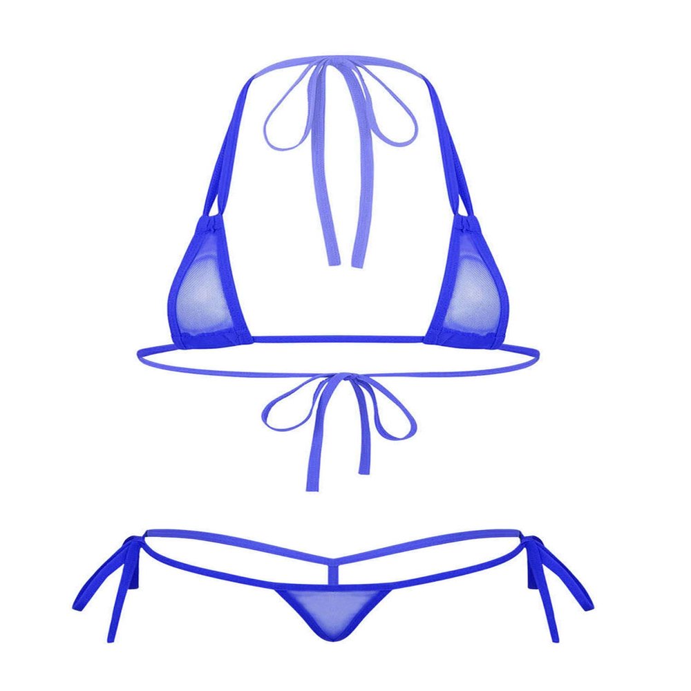 dPois Women's Micro Bra Top and Panty Bikini Sets Sheer Mesh Swimsuit Bathing Suit Royal Blue OneSize
