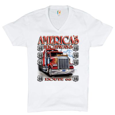 America's Highways Route 66 V-Neck T-Shirt Truck Driver Mechanic Teamster Tee White Small