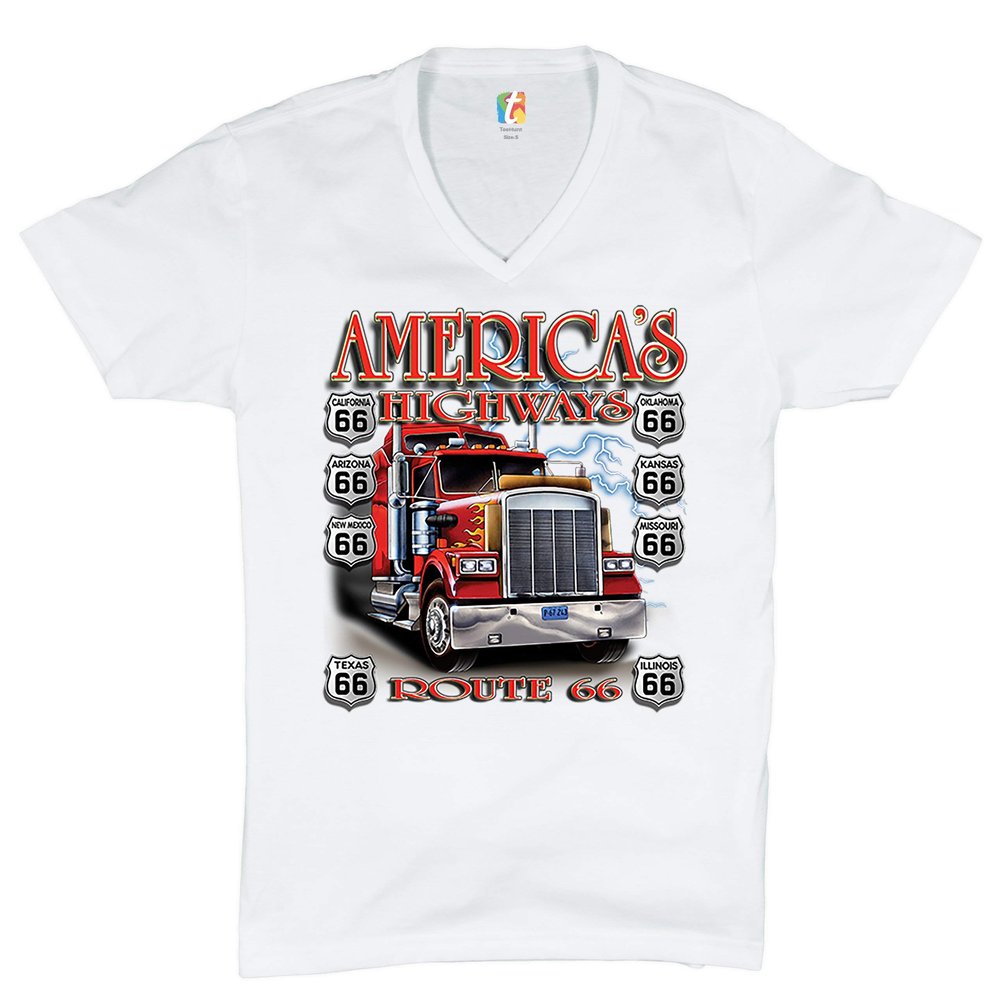 America's Highways Route 66 V-Neck T-Shirt Truck Driver Mechanic Teamster Tee White Small
