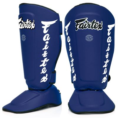 Fairtex SP7 Muay Thai Shin Guards for Men, Women, Kids | Shinguards Made with Syntek Leather & are Premium, Lightweight & Durable | Detachable shin & Foot Protector- Small, Blue