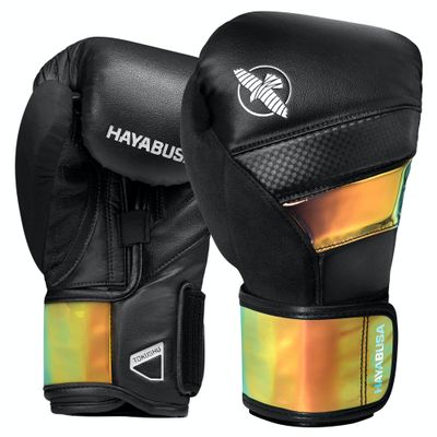 Hayabusa T3 Boxing Gloves for Men and Women Wrist and Knuckle Protection, Dual-X Hook and Loop Closure, Splinted Wrist Support, 5 Layer Foam Knuckle Padding - Black/Iridescent, 14 oz