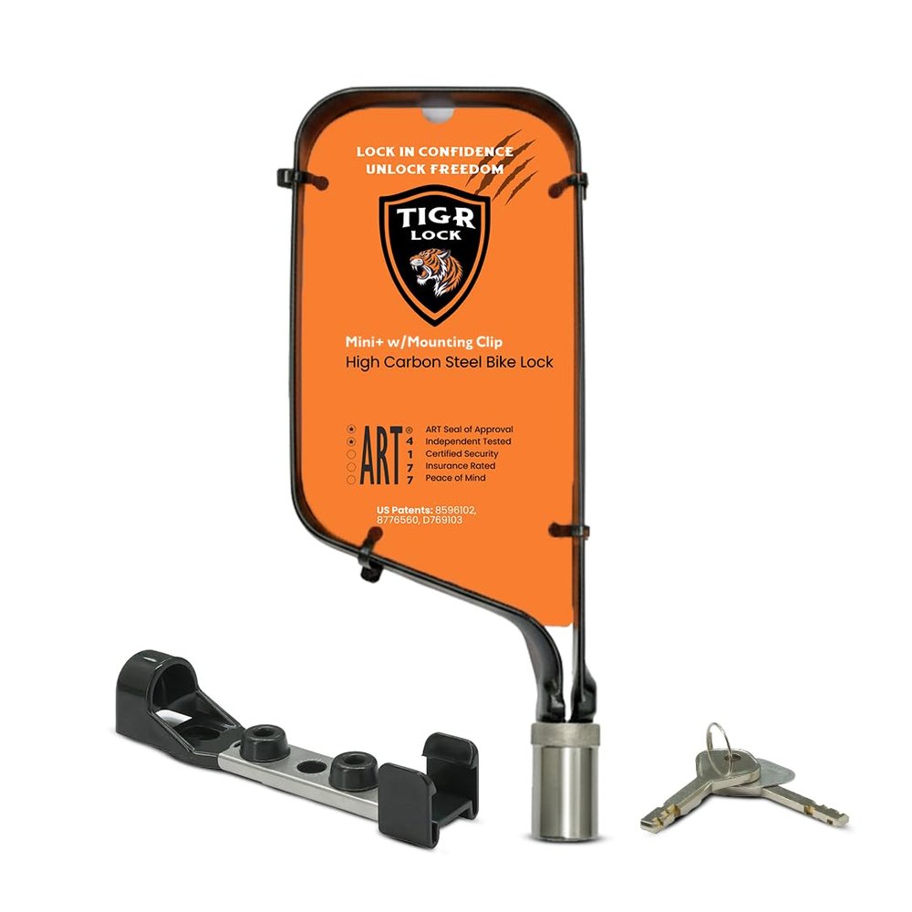 TiGr Mini+ Lightweight Bike Lock with Frame Mount High Security 8 x 4" Flexible High-Carbon Steel Shackle Bolt Cutter, Crowbar & Hacksaw Resistant