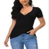 Afibi Women Deep V Neck Low Cut Short Sleeve Slim Shirt Tee Top Blouse (X-Large, A-Black) view 2