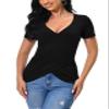 Afibi Women Deep V Neck Low Cut Short Sleeve Slim Shirt Tee Top Blouse (X-Large, A-Black) view 3
