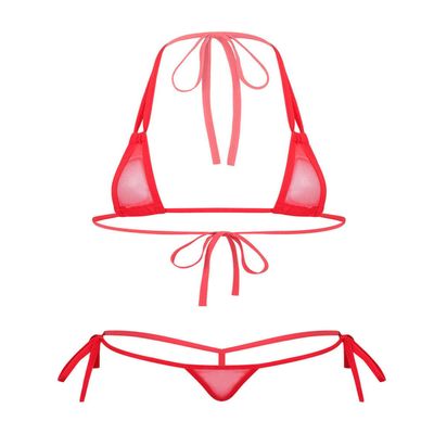ACSUSS Women's Brazilian Mesh Sheer Extreme Halterneck Micro Bikini Bra Top with G-String Swimsuit 2# Red One Size