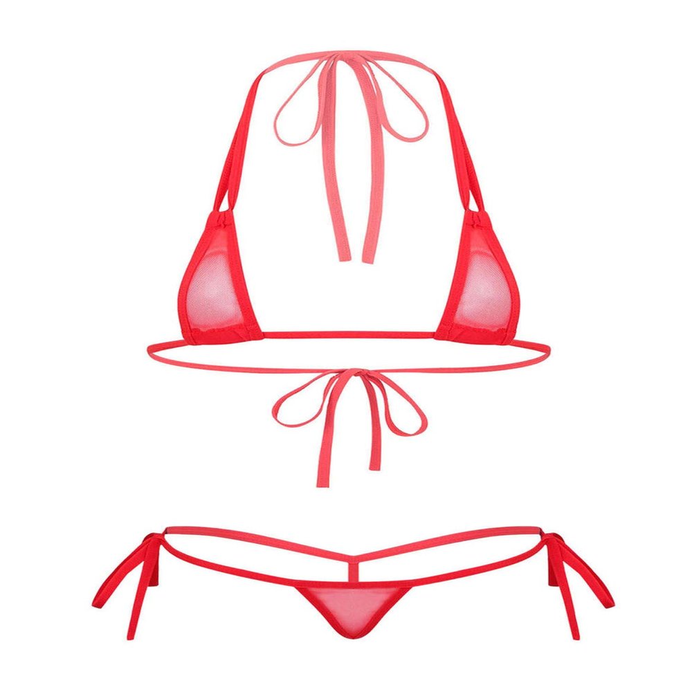 ACSUSS Women's Brazilian Mesh Sheer Extreme Halterneck Micro Bikini Bra Top with G-String Swimsuit 2# Red One Size