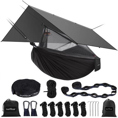 Sunyear Hammock Camping with Rain Fly Tarp and Net, Portable Camping Hammock Double Tree Hammock Outdoor Indoor Backpacking Travel & Survival, 2 Tree Straps,100% Waterproof Black Bundle