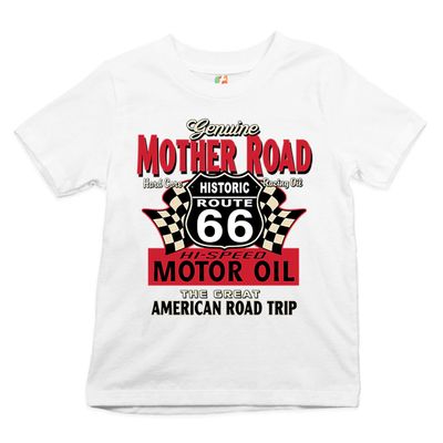 Genuine Mother Road Historic Route 66 Youth T-Shirt American Road Trip Kids White Small