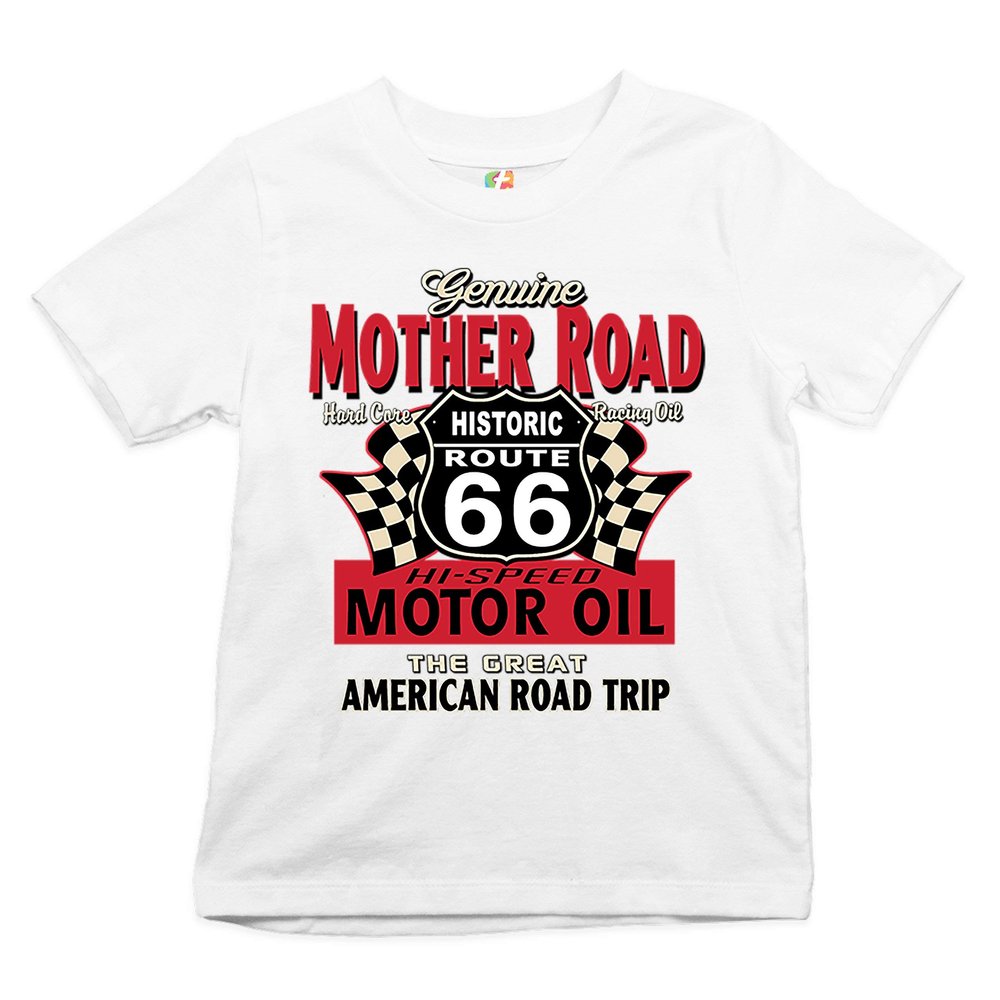 Genuine Mother Road Historic Route 66 Youth T-Shirt American Road Trip Kids White Small
