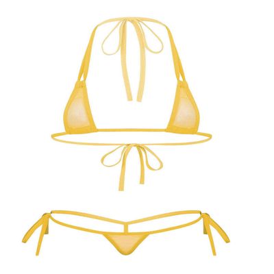 ACSUSS Women's Brazilian Mesh Sheer Extreme Halterneck Micro Bikini Bra Top with G-String Swimsuit 2# Yellow One Size