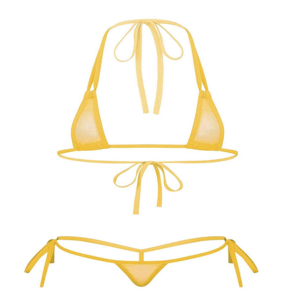ACSUSS Women's Brazilian Mesh Sheer Extreme Halterneck Micro Bikini Bra Top with G-String Swimsuit 2# Yellow One Size