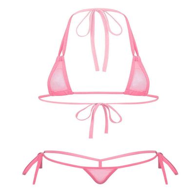 ACSUSS Women's Brazilian Mesh Sheer Extreme Halterneck Micro Bikini Bra Top with G-String Swimsuit 2# Pink One Size