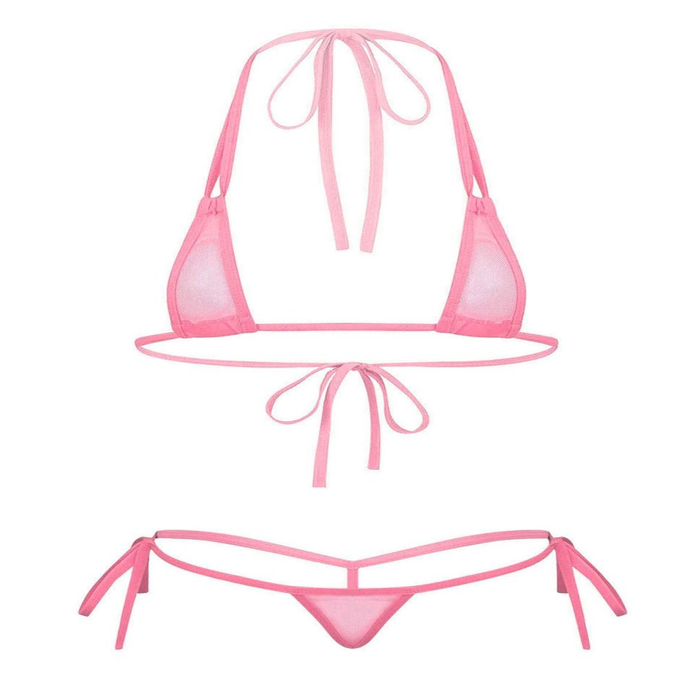 ACSUSS Women's Brazilian Mesh Sheer Extreme Halterneck Micro Bikini Bra Top with G-String Swimsuit 2# Pink One Size